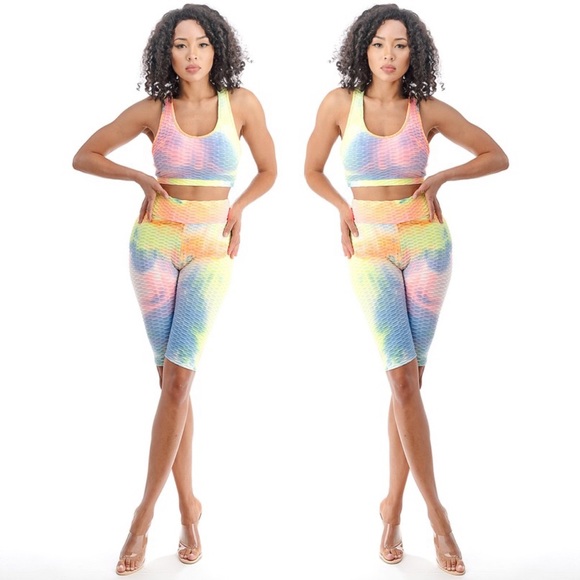 Ruched style workout set in yellow and blue - Picture 3 of 6